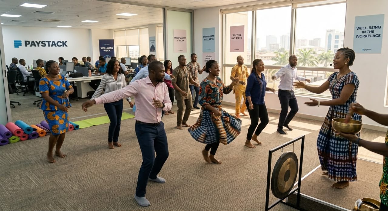 Corporate professionals participating in a guided workplace wellness session